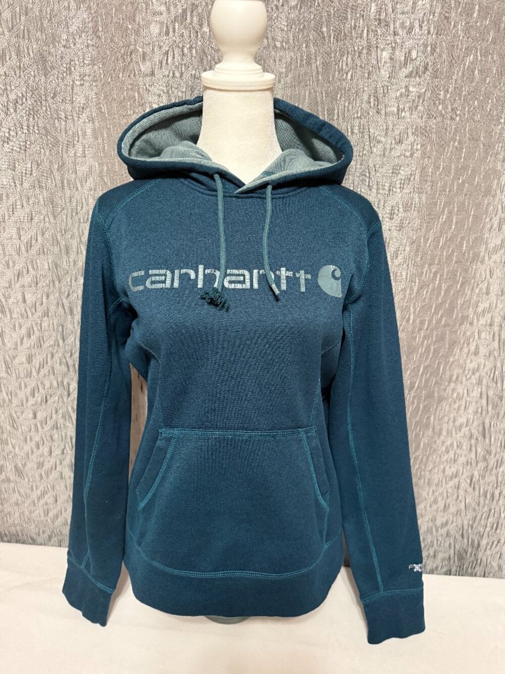 Carhartt Womens Small Teal Blue Logo Graphic Fleece Pullover Hoodie Sweatshirt